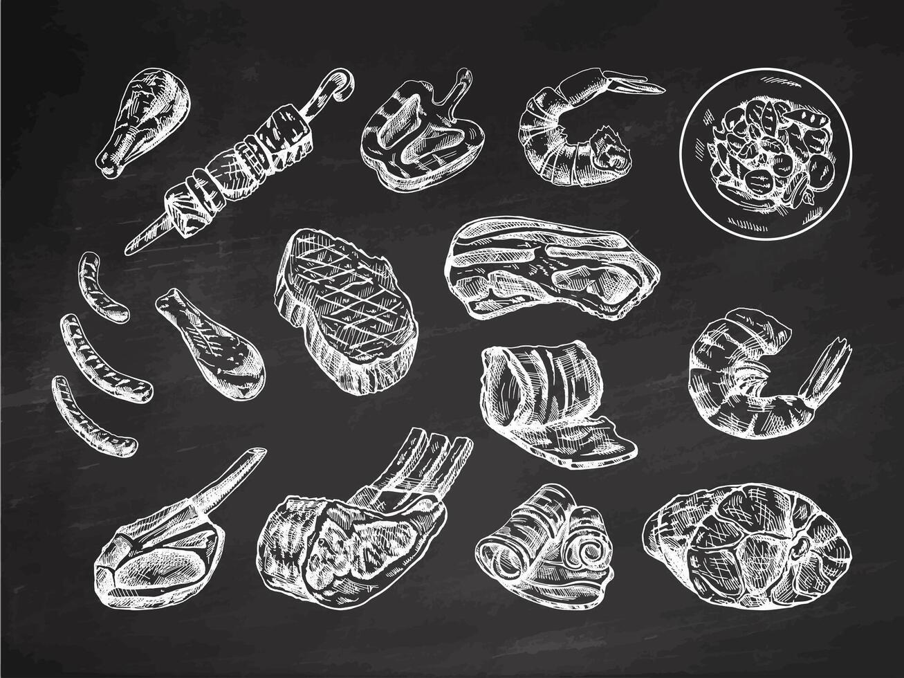 Set of hand-drawn sketches of different types of meat, steaks, shrimp, chicken, grilled vegetables, barbecue. Vintage illustration on chalkboard background. Engraved image. vector