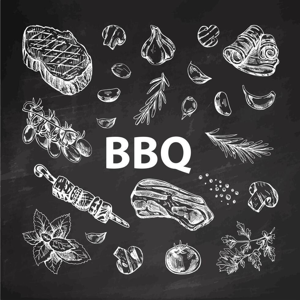 Set of hand-drawn sketches of barbecue elements on chalkboard background. For design of menu, grilled food. Doodle vintage illustration. Engraved image. vector