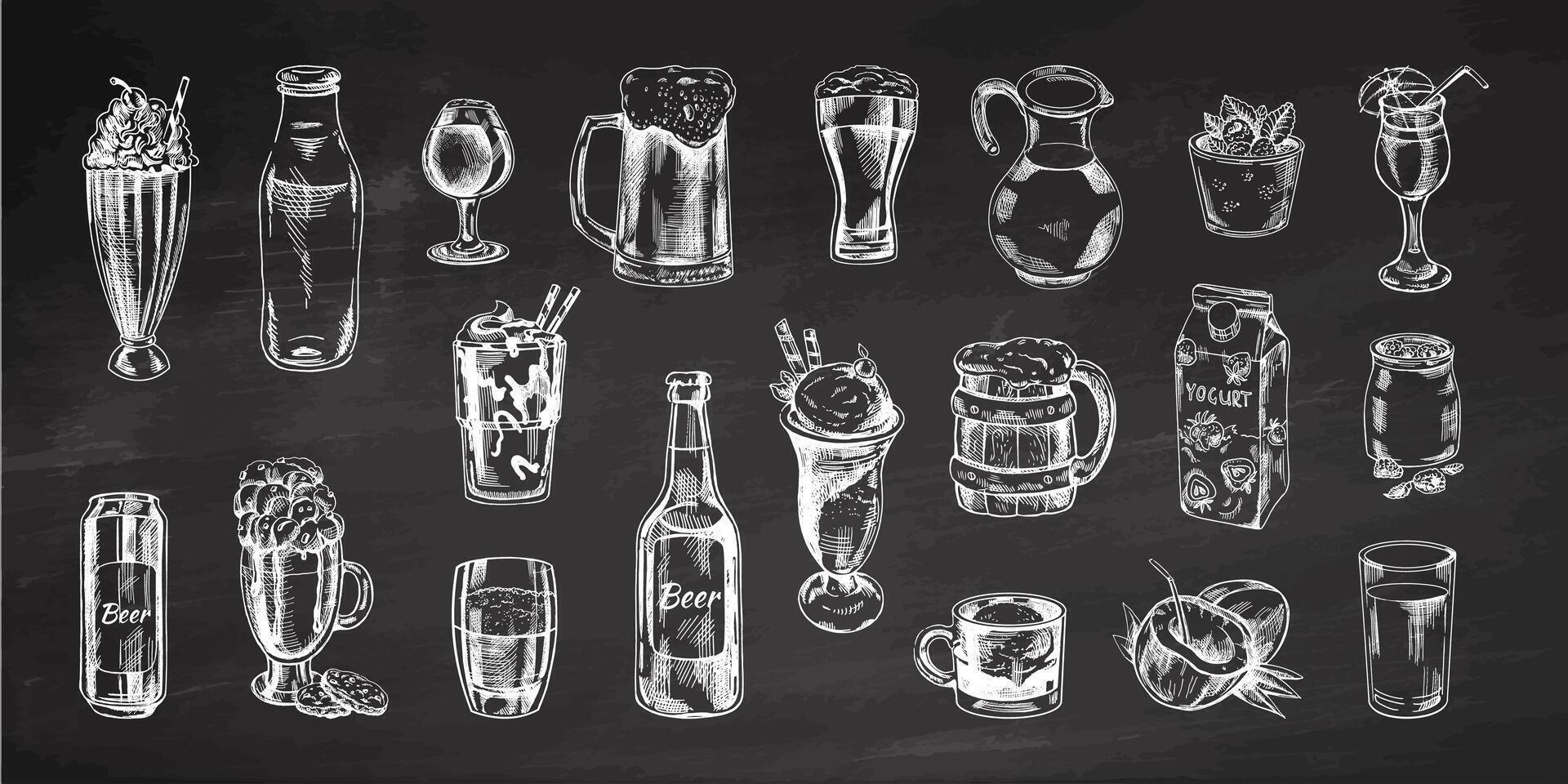 un conjunto de dibujado a mano bocetos de bebidas en pizarra antecedentes. vector ilustración en Clásico estilo. bebidas bueno para el menú.
