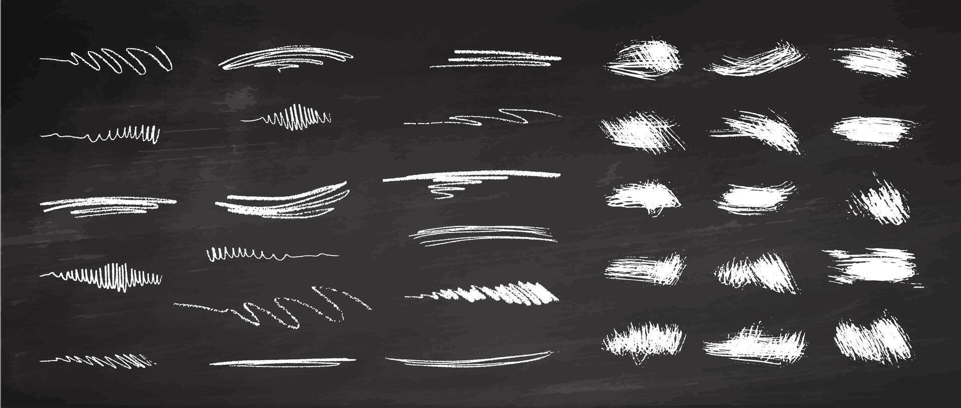 Hand-drawn vector brush underline element set for accent, crayon texture emphasis element and blots, spots. Crayon brush stroke color underline. Vector illustration on chalkboard background.