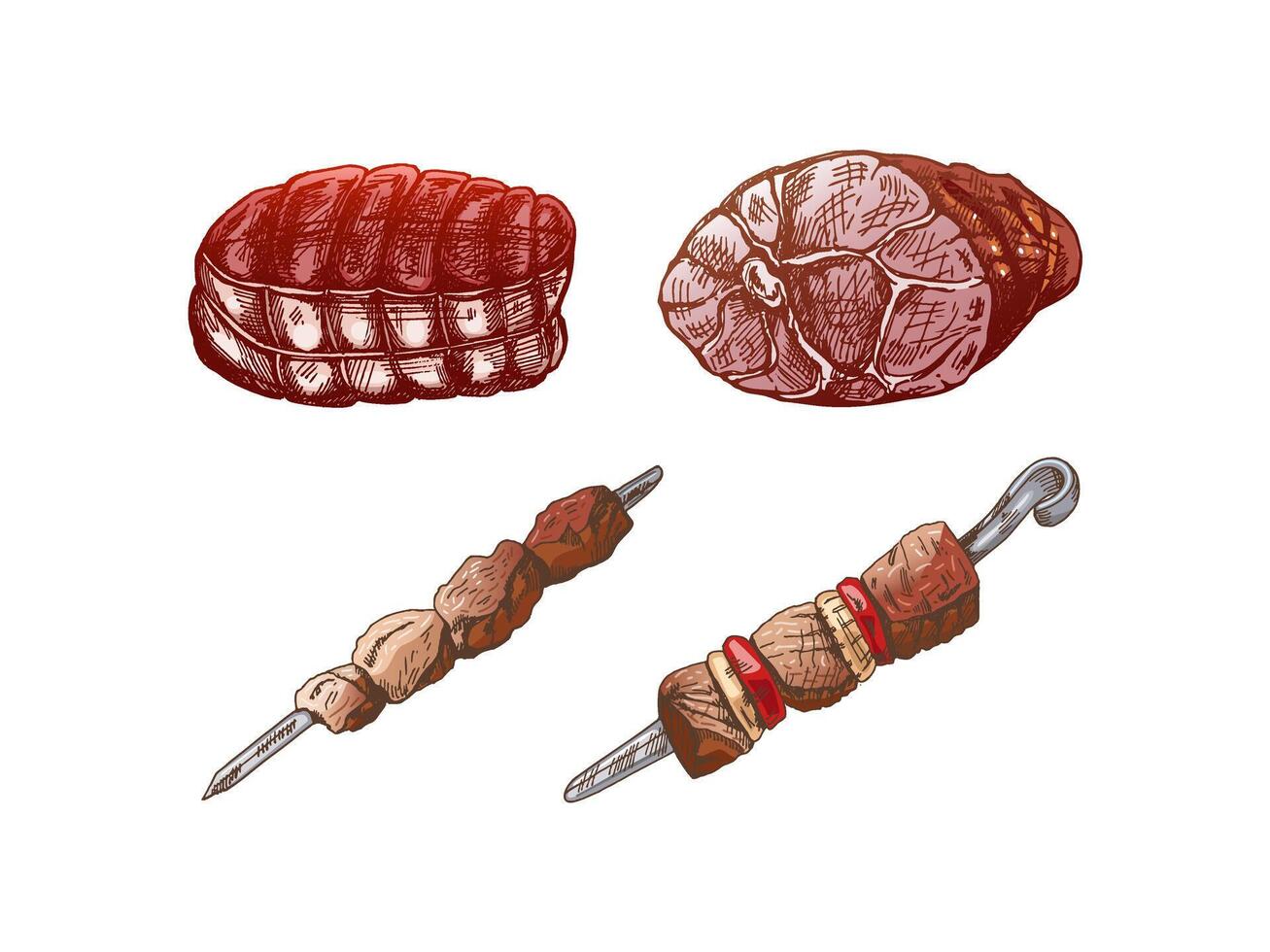 Set of hand-drawn colored sketches of meat pieces, ham, pork, dried meat, kebabs. Fresh meat products. For design of menu, butcher shop. vector