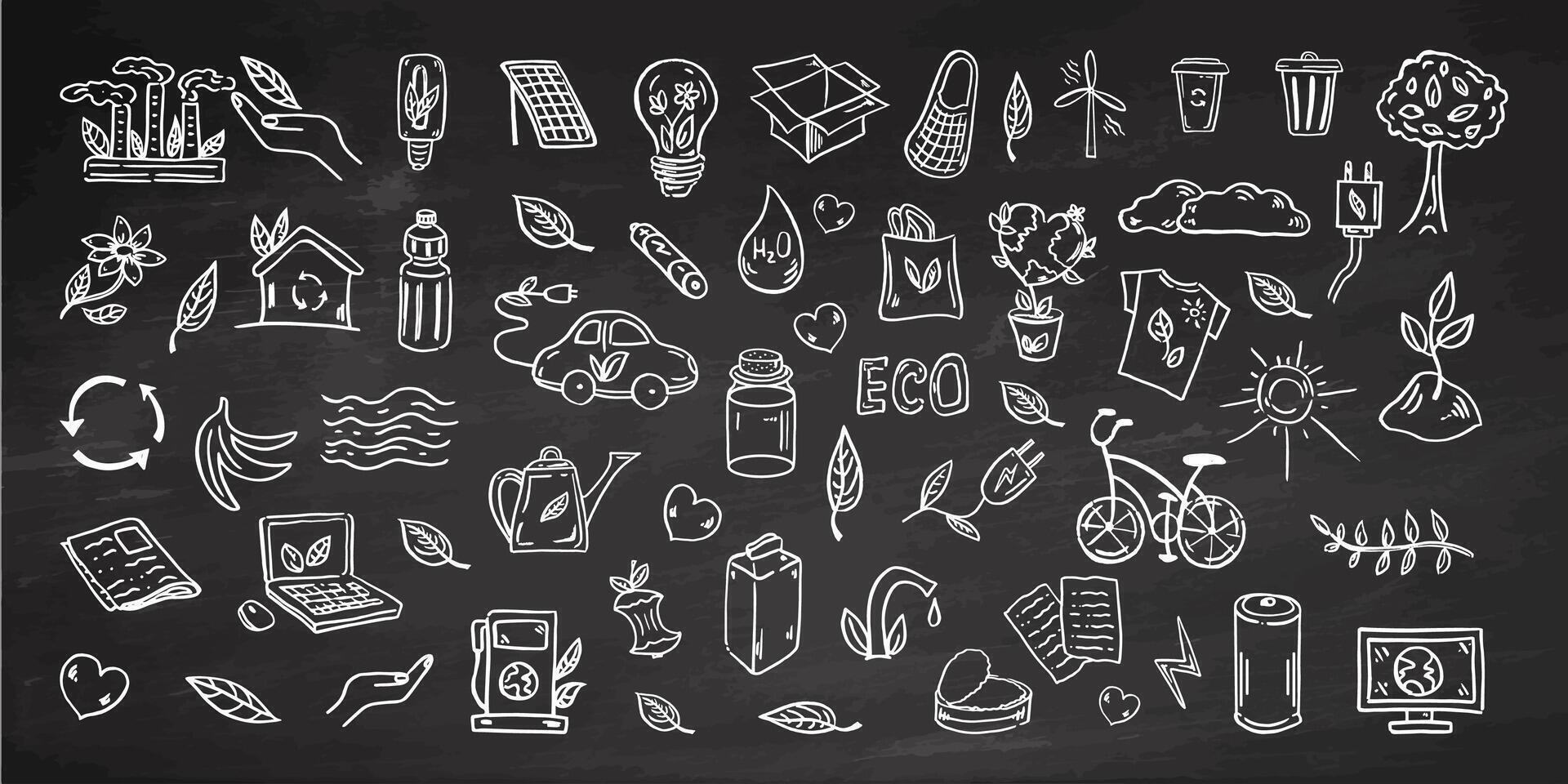 Set of ecology. Hand-drawn doodle vector illustration on chalkboard background. Ecology problem, recycling and green energy icons. Environmental symbols.