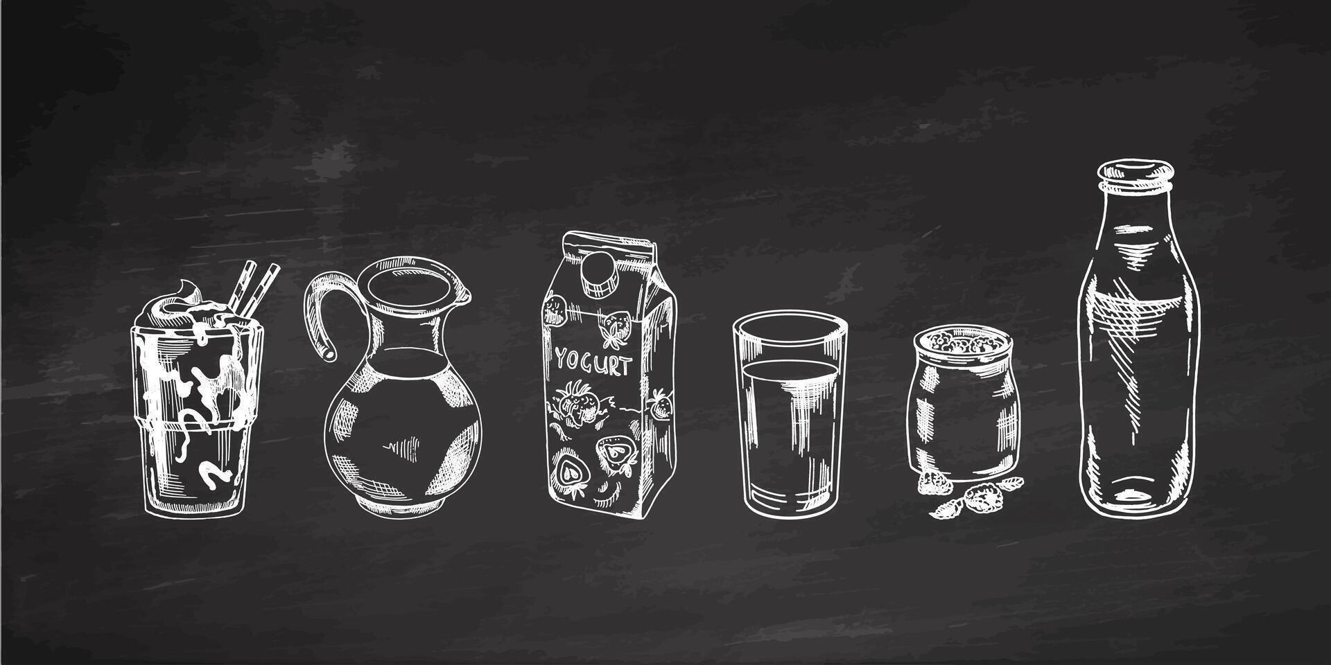 un conjunto de dibujado a mano bocetos de Leche bebidas aislado en pizarra antecedentes. vector ilustración en Clásico estilo. bebidas bueno para el menú.