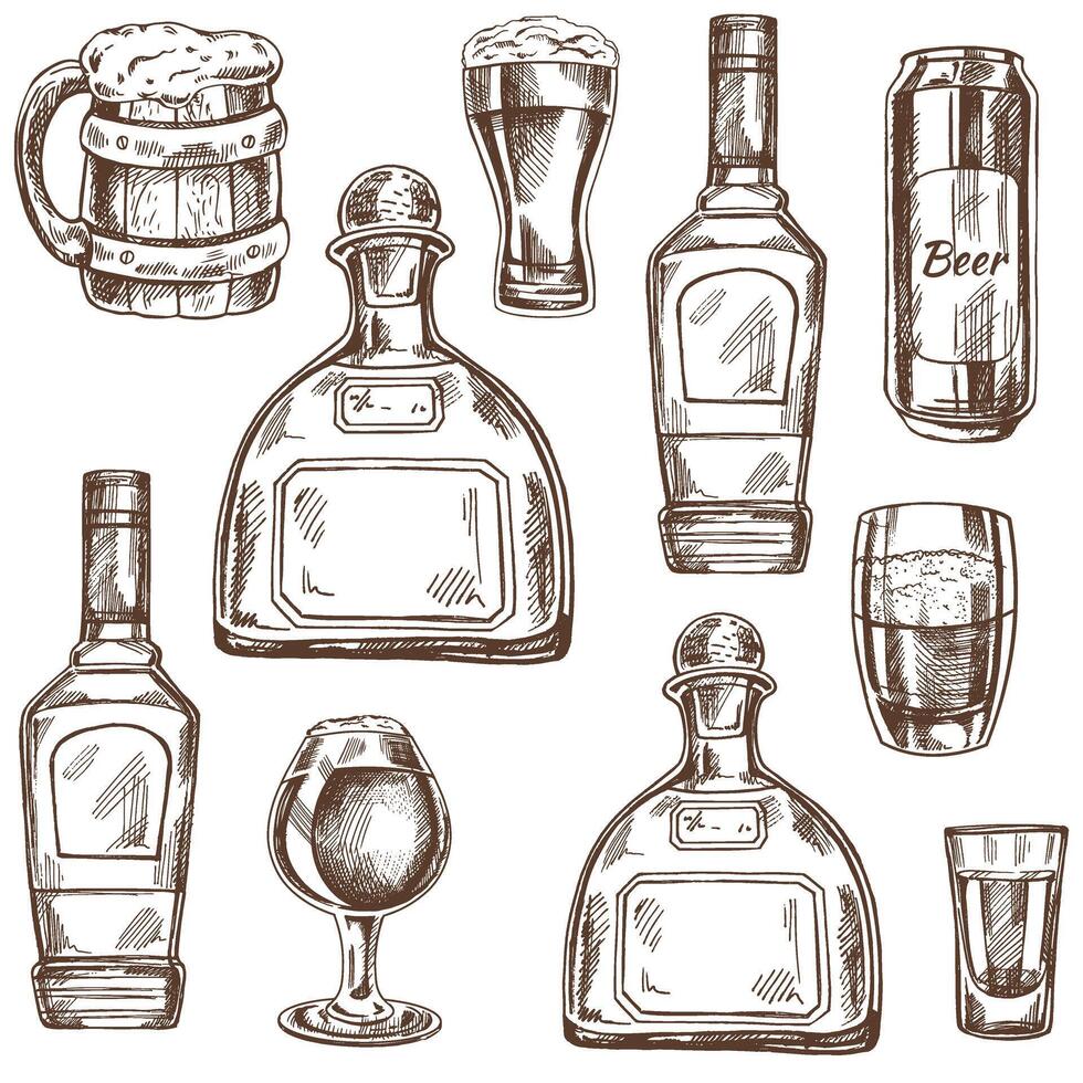 Seamless hand-drawn pattern of alcohol drinks. Vector illustration in vintage style. Beverages. Good for the menu.