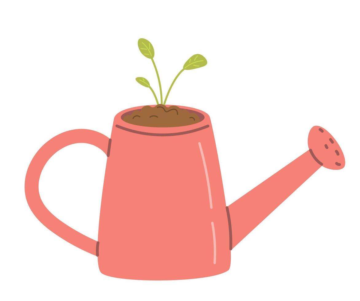 Pink watering can with flower, plant, tree and seedling, Vector illustration, watering can clipart