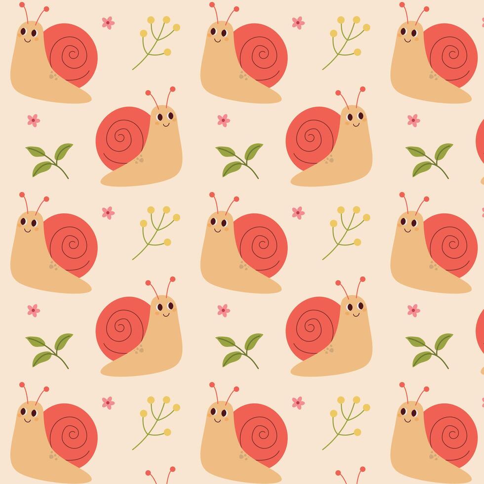 Vector pattern with cute snails, Cartoon cute character with flowers and grass, Children's background, textile background, packaging