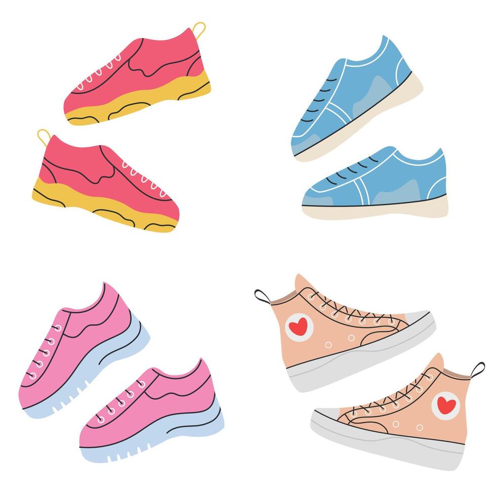 Vector set of cartoon sneakers and sneakers, group of pairs of sports shoes, colorful sneakers, fashionable sports shoes