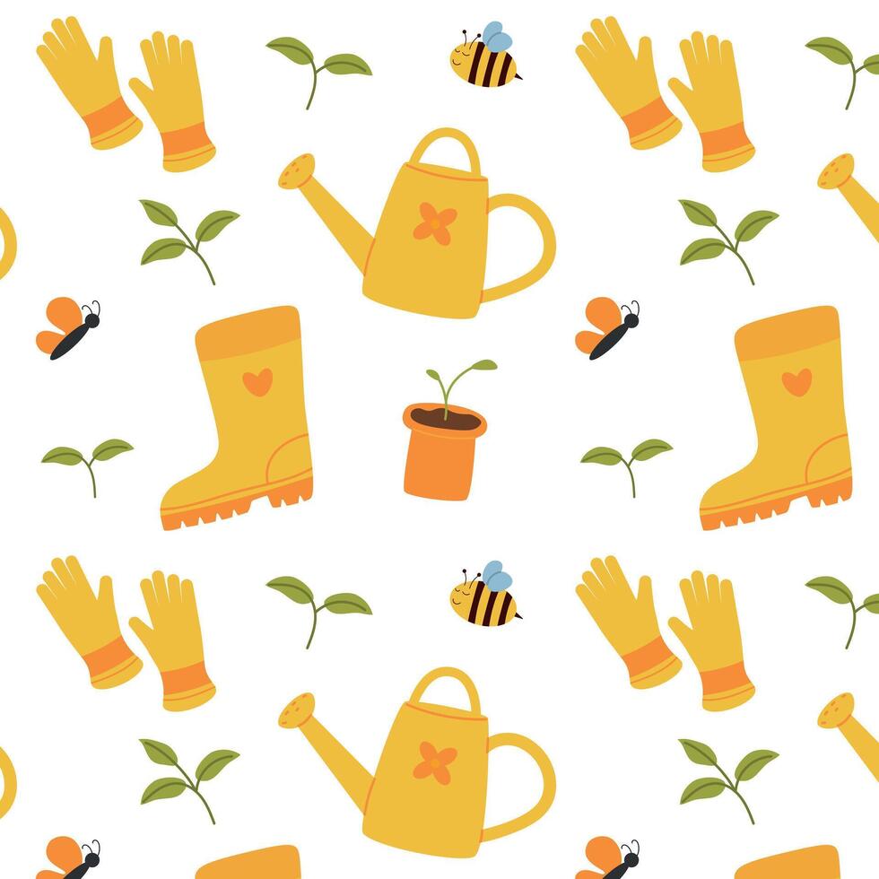 Seamless pattern with watering can, butterflies and seedlings, rubber boots,Vector illustration on a white background vector