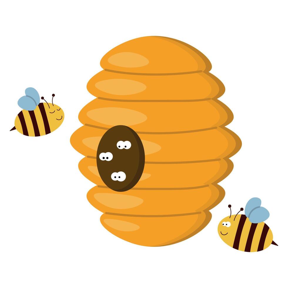 Bee hive in cartoon style, cute bees, bee hive clipart vector