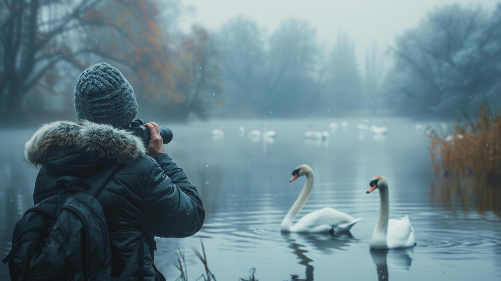 AI generated Person Taking Picture of Swans in Water photo