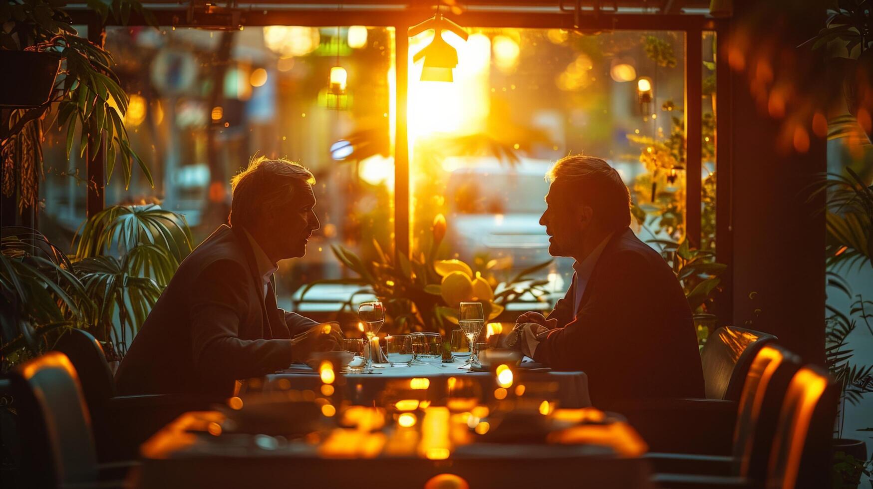 ai generado Pareja sentado a mesa con vino lentes foto