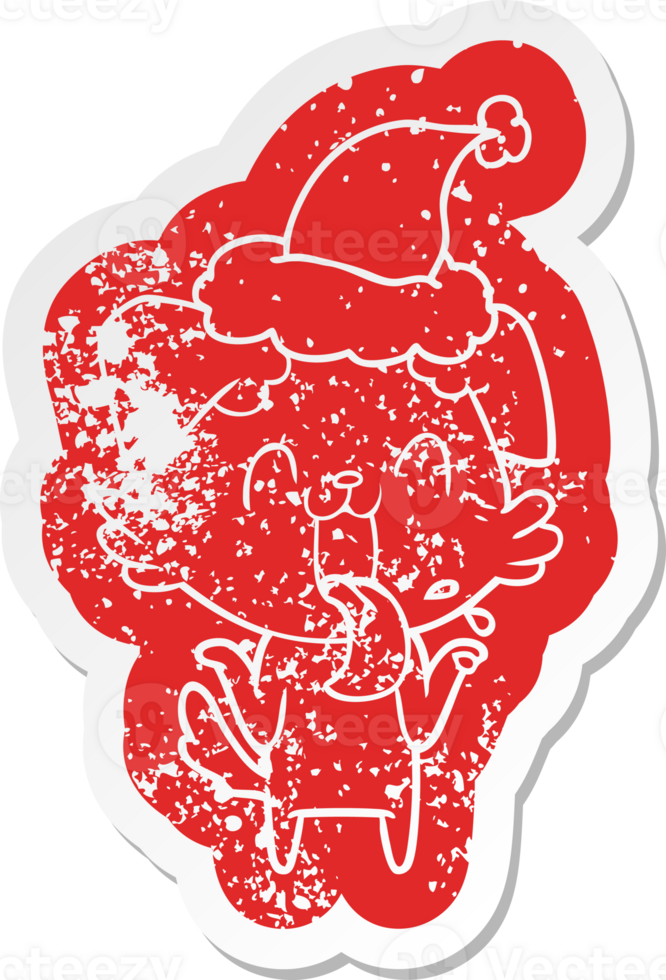 quirky cartoon distressed sticker of a panting dog shrugging shoulders wearing santa hat png