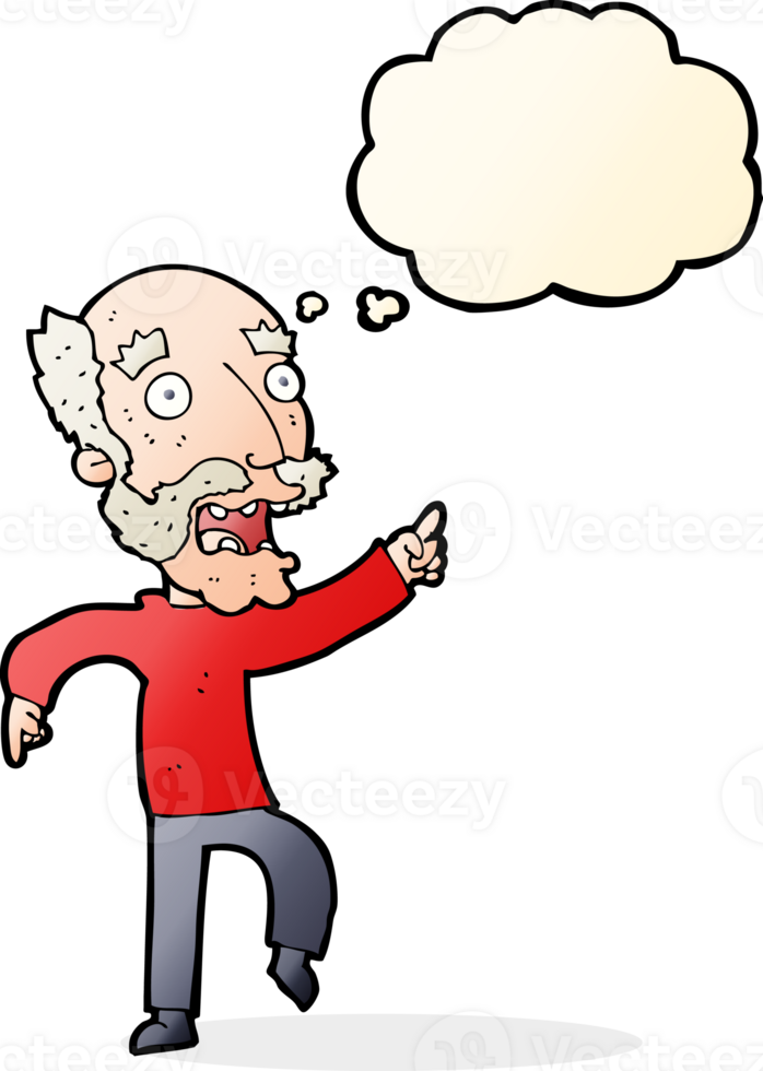 cartoon frightened old man with thought bubble png