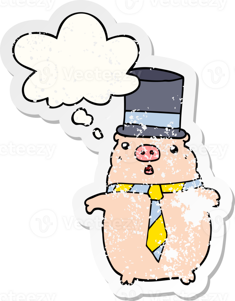 cartoon business pig with thought bubble as a distressed worn sticker png
