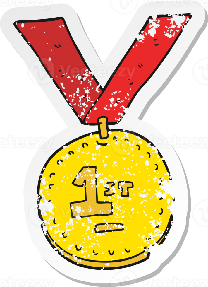 retro distressed sticker of a cartoon first place medal png