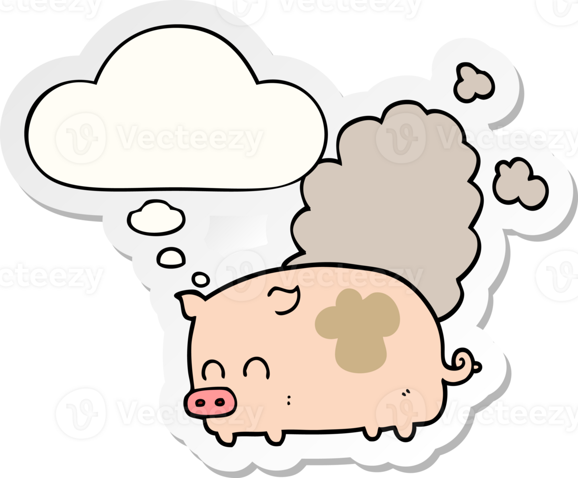 cartoon smelly pig with thought bubble as a printed sticker png