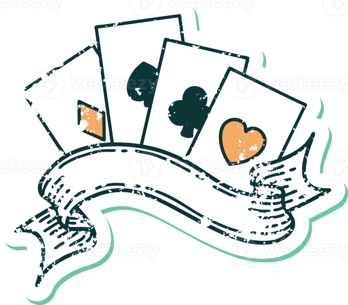 iconic distressed sticker tattoo style image of cards and banner png