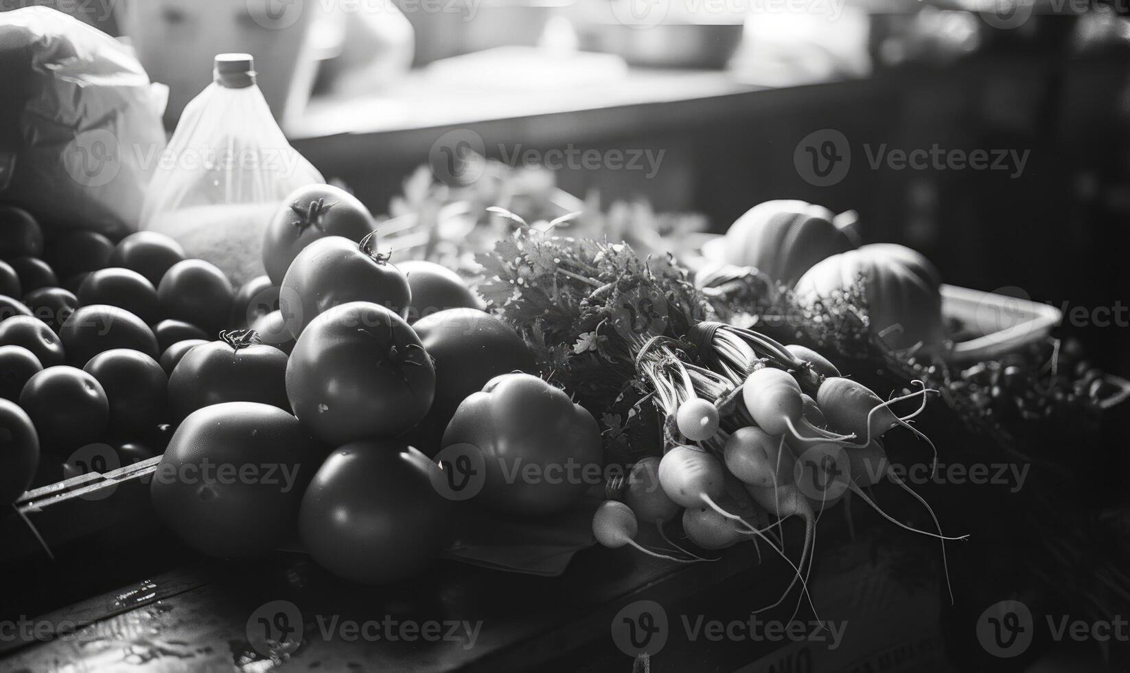 AI generated Tomatoes in a wooden box on the market. Black and white. photo