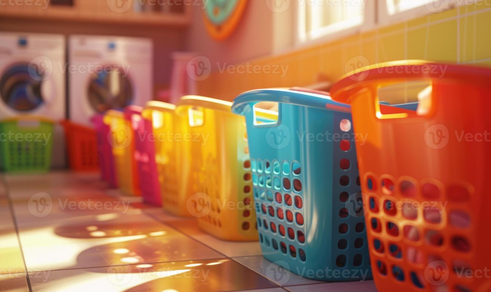 AI generated Colorful laundry baskets on the floor photo