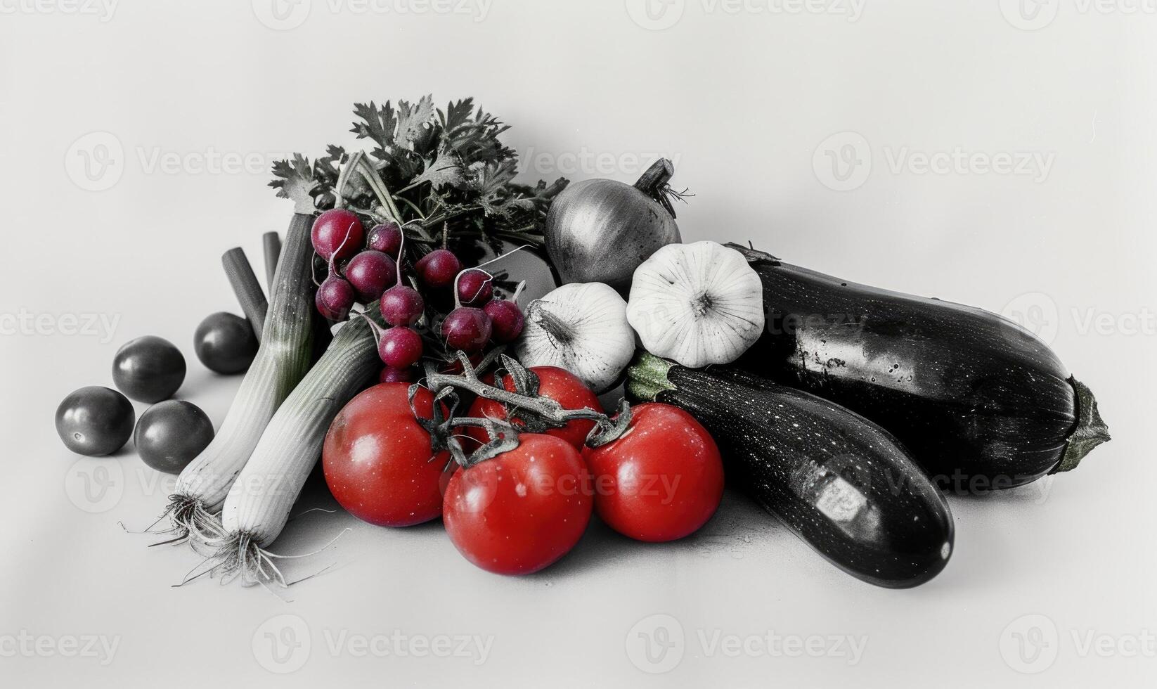 AI generated Composition with variety of raw vegetables on light background. Black and white. photo