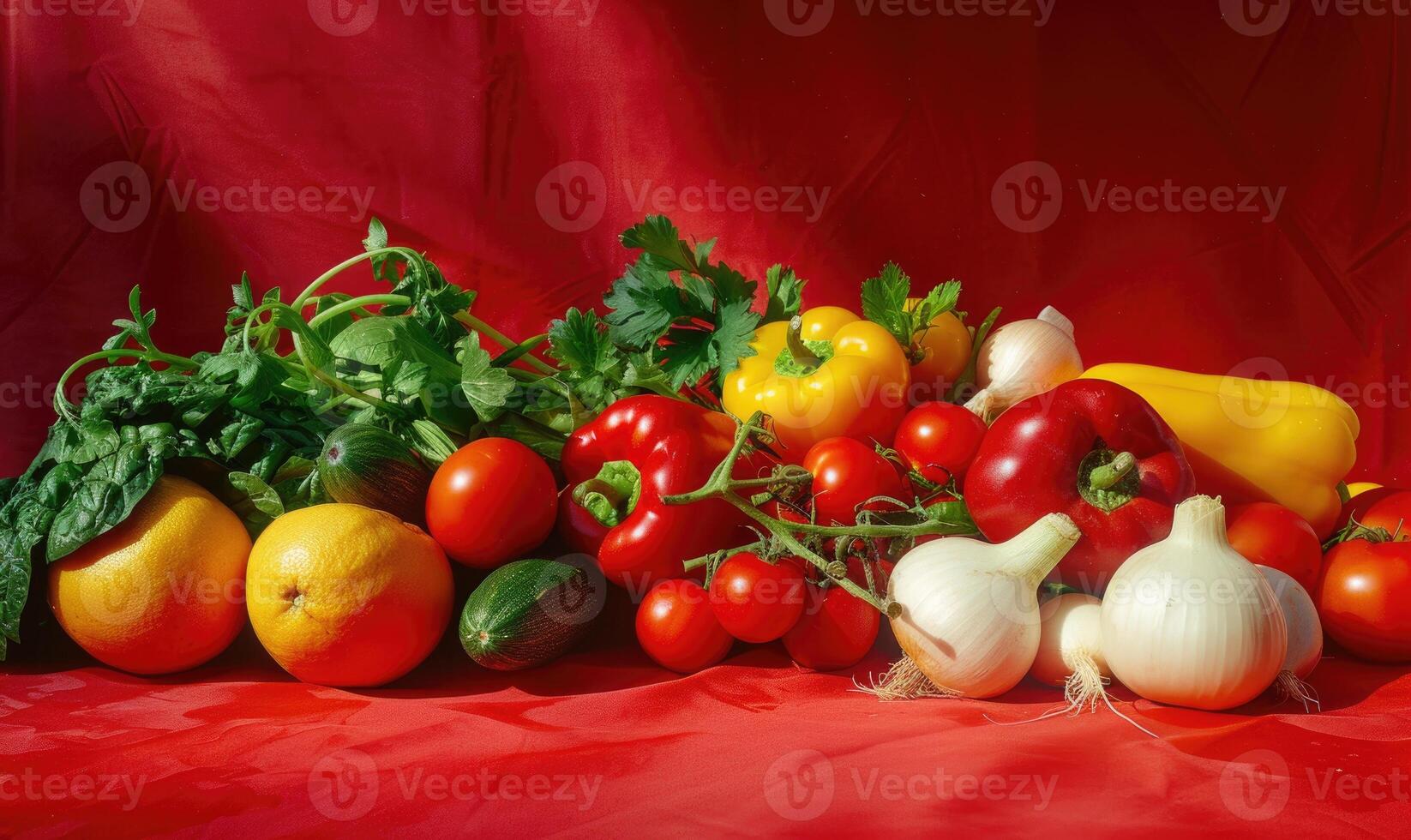 AI generated Vegetables and fruits on a red background. Fresh vegetables. photo