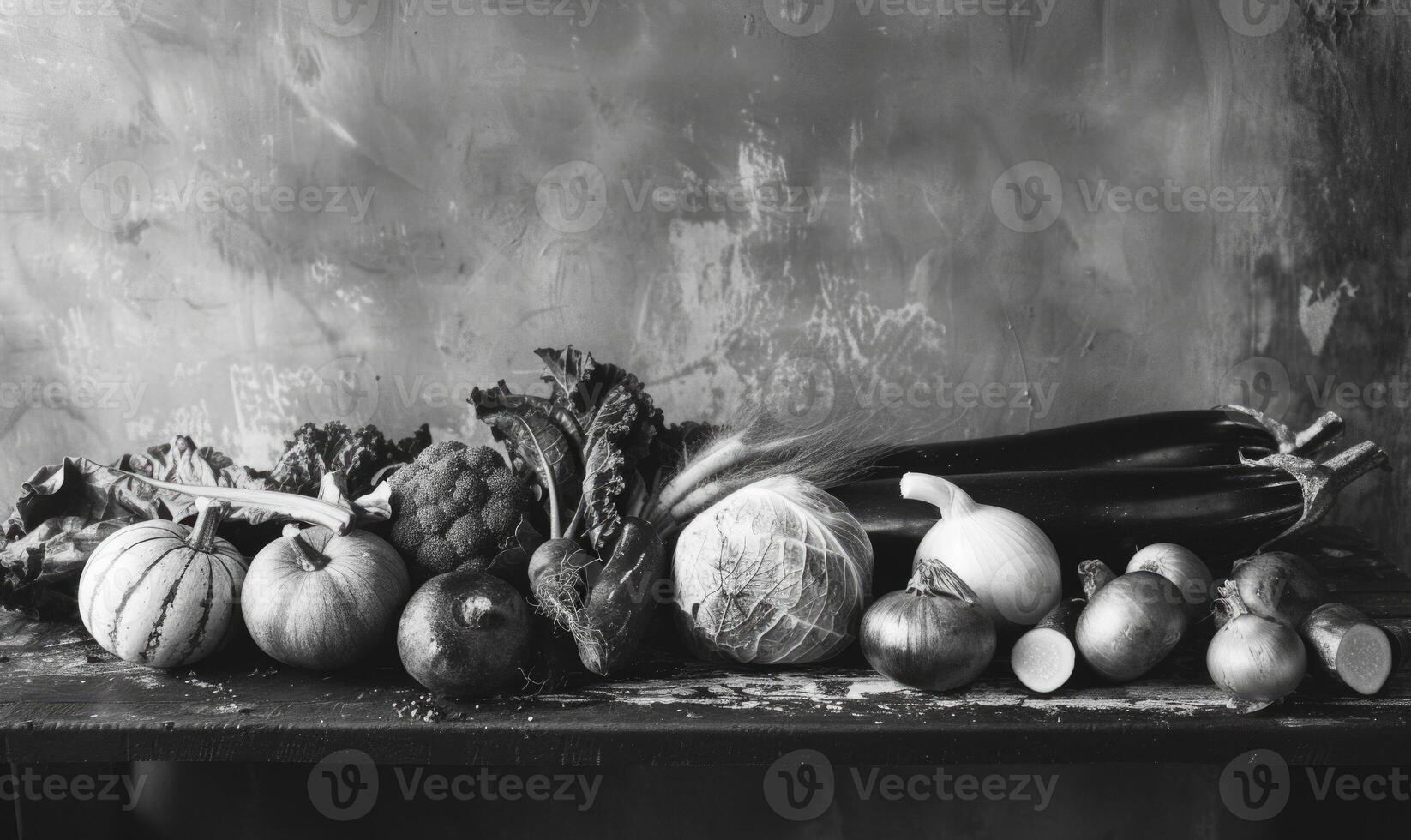 ai generado todavía vida con vegetales en un rústico antecedentes. negro y blanco. foto