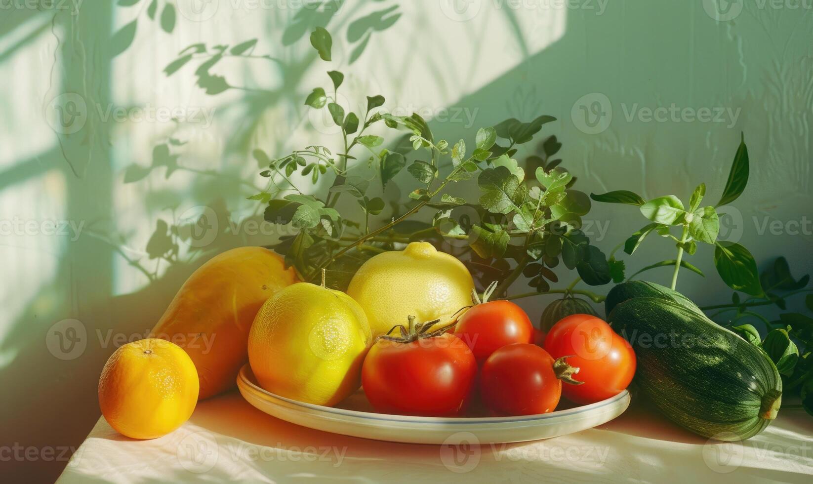 AI generated vegetables on a table in the light of the window. photo