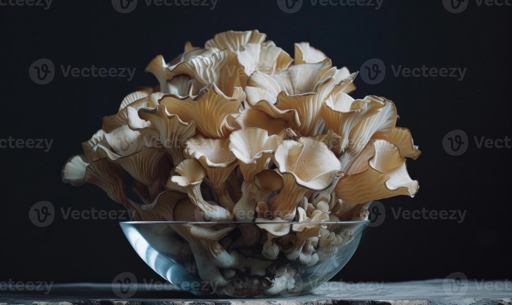 AI generated oyster mushroom in a glass bowl on a black background close up photo