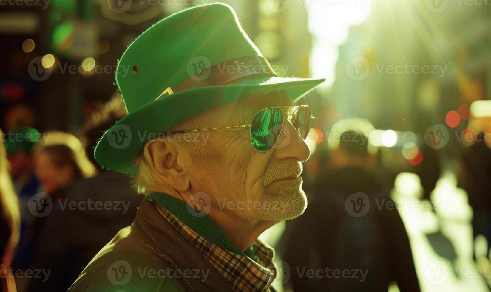 AI generated Elderly man in a green hat and sunglasses on the street. Closeup portrait of a St. Patrick's Day Parade participant. photo