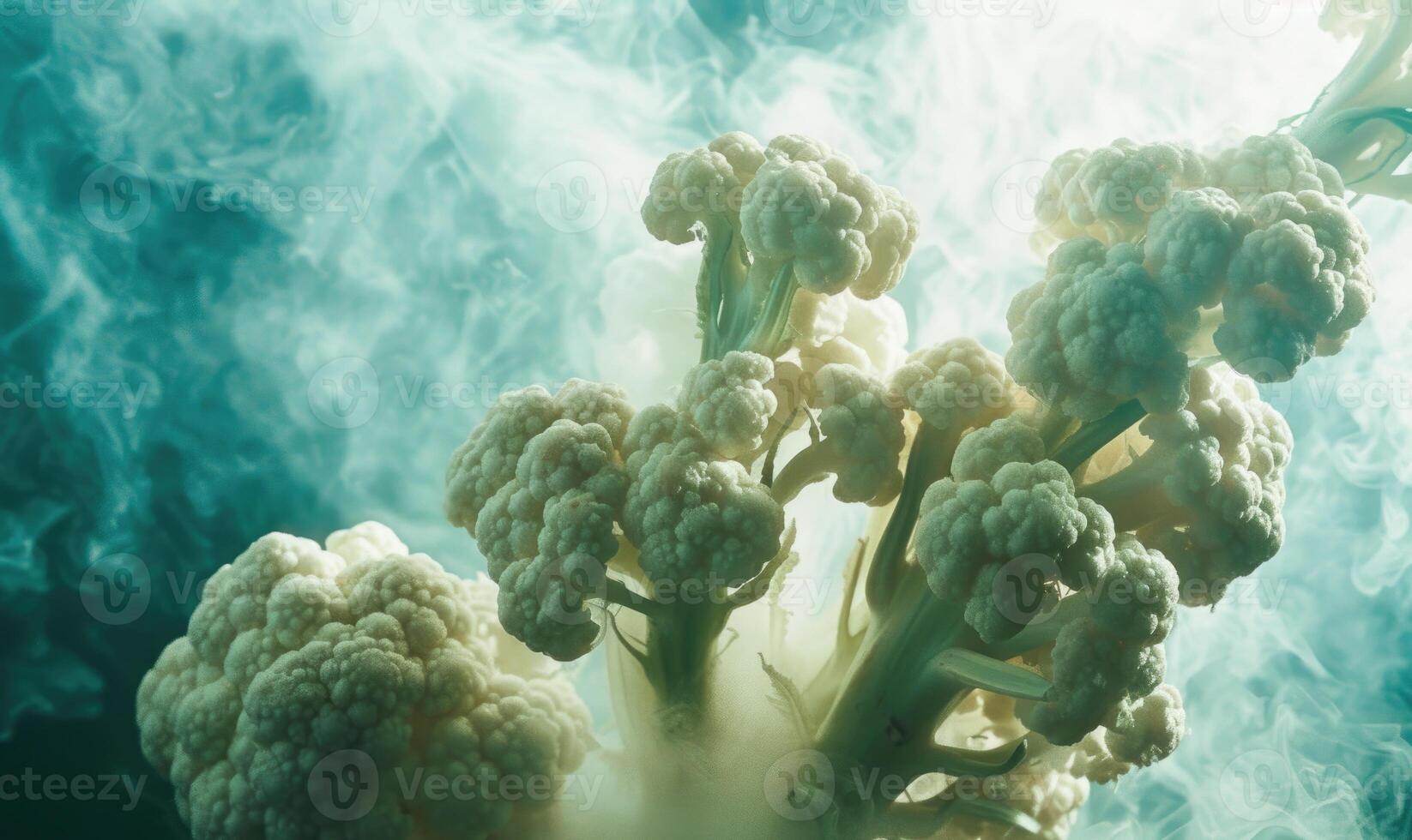 AI generated cauliflower on blue sky background with clouds. toning. selective focus photo