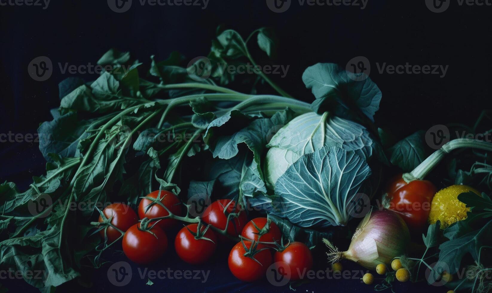 ai generado todavía vida con vegetales en un oscuro fondo, Tomates, repollo, coliflor foto