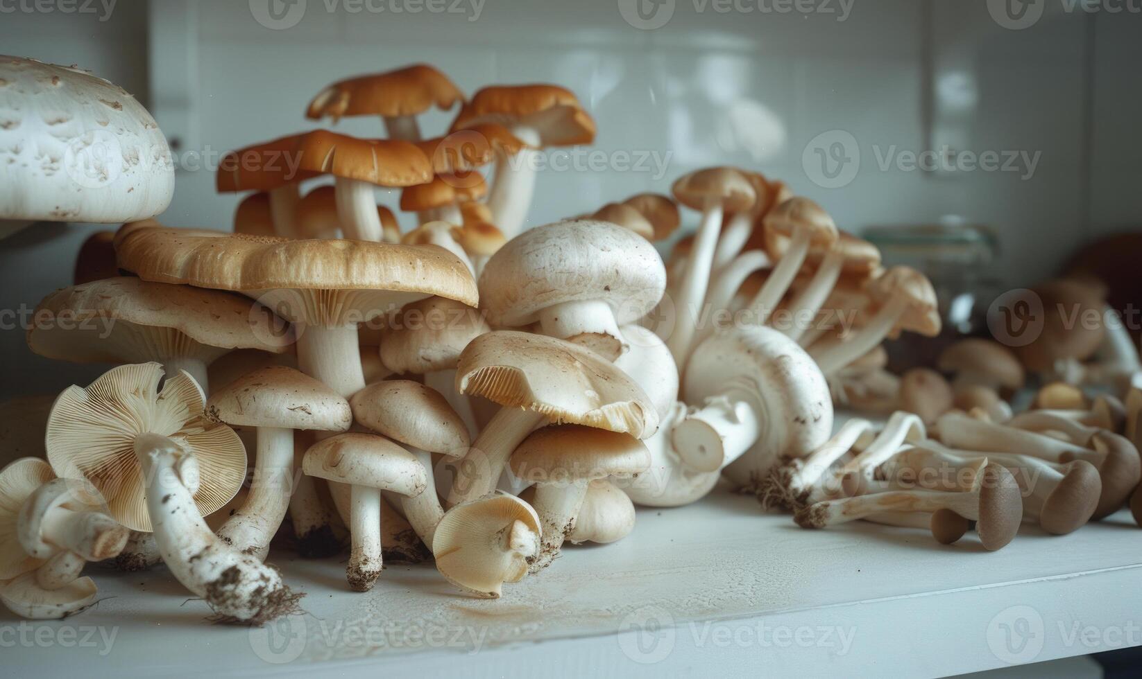 AI generated Mushrooms on the shelf in the kitchen. Shallow depth of field photo