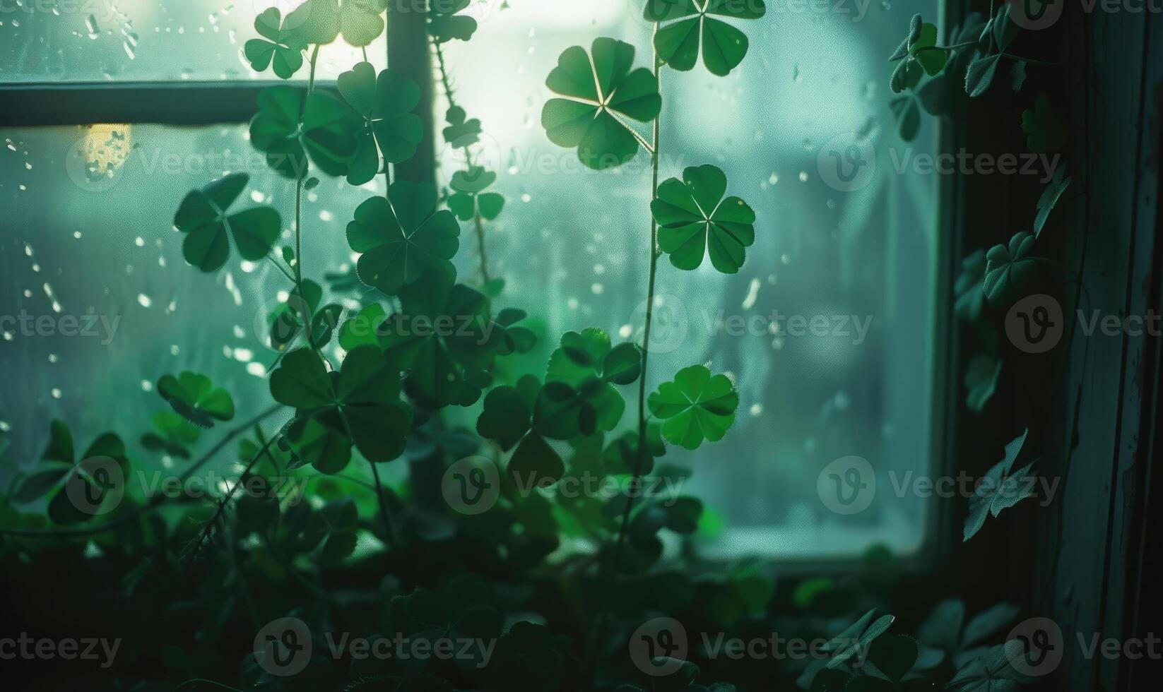 AI generated Green clover leaves in front of a window with raindrops. photo