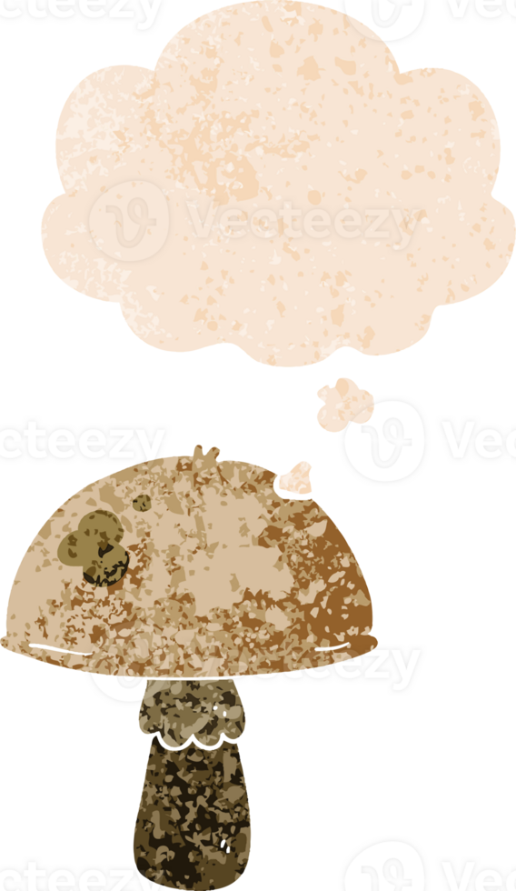 cartoon mushroom with thought bubble in grunge distressed retro textured style png