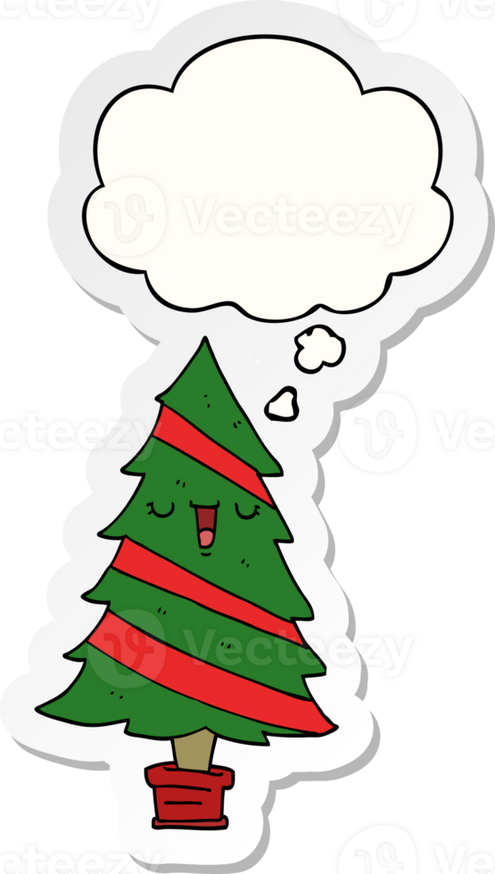 cartoon christmas tree with thought bubble as a printed sticker png