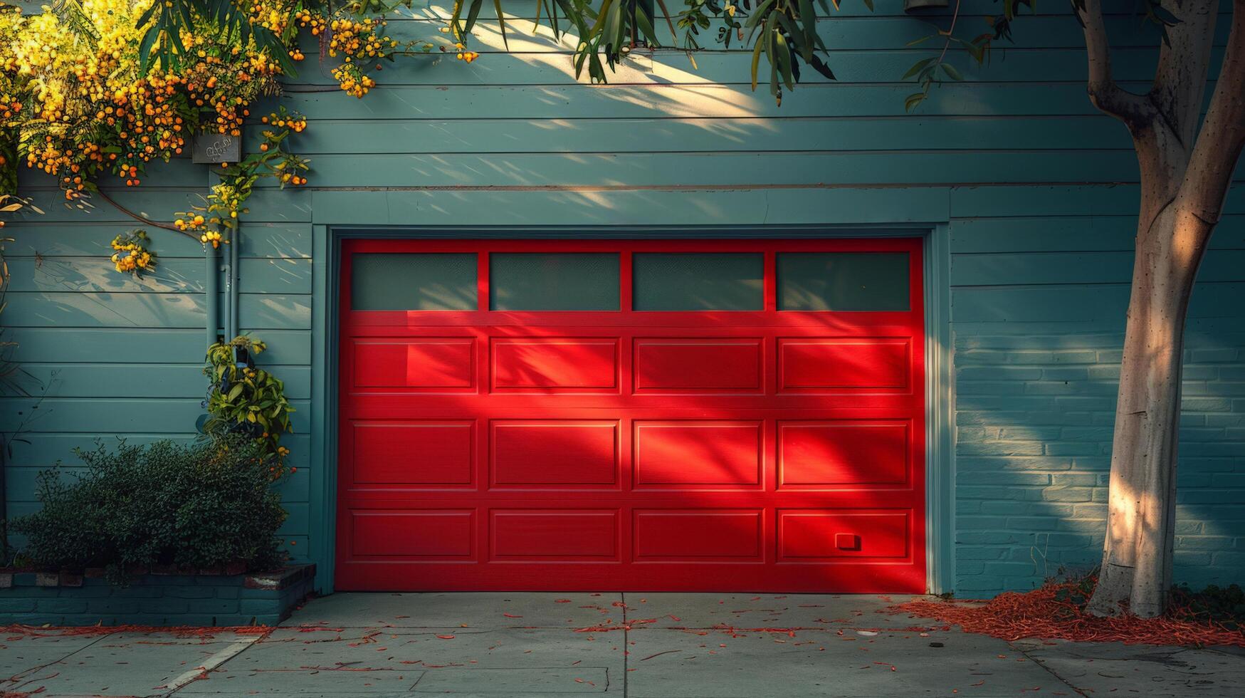 AI generated Red Tree in Front of Red Garage Door photo