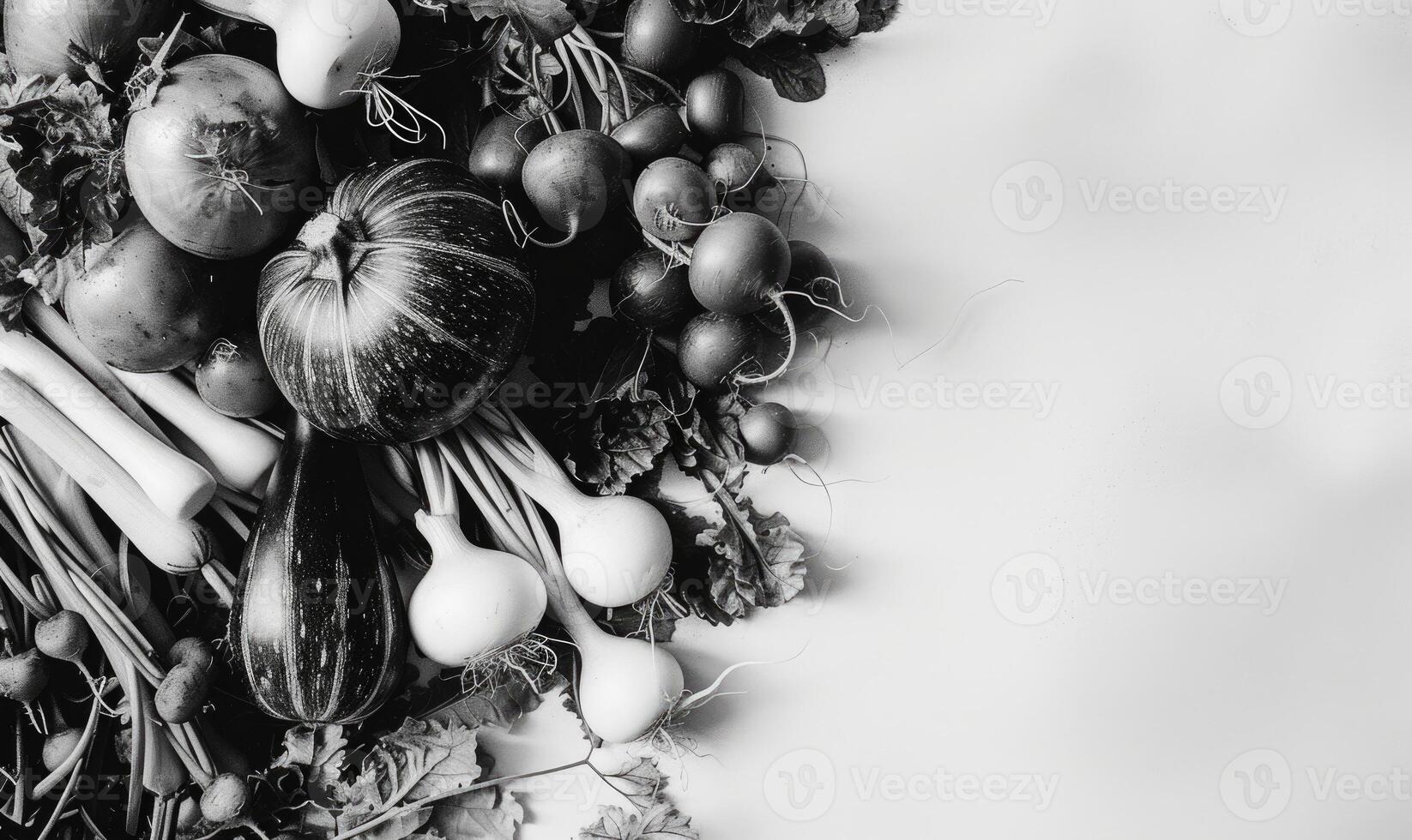 AI generated Still life with vegetables on a black background. Black and white photo. photo
