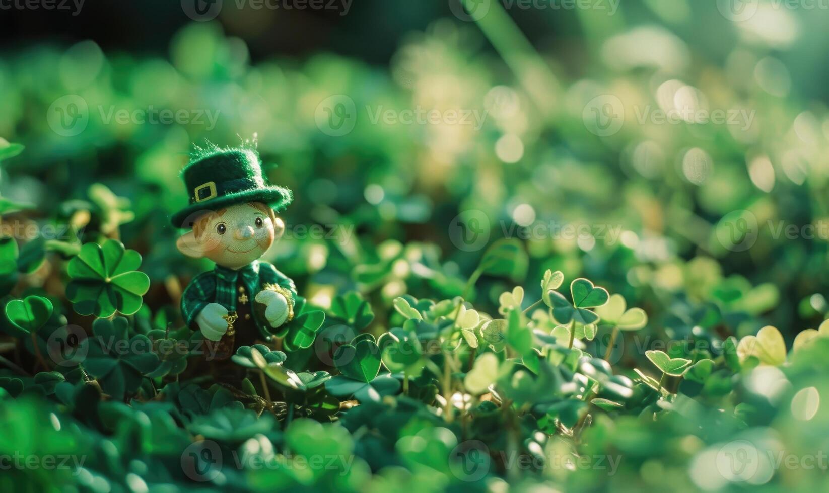 AI generated Saint Patrick's Day. Leprechaun sitting on clover photo