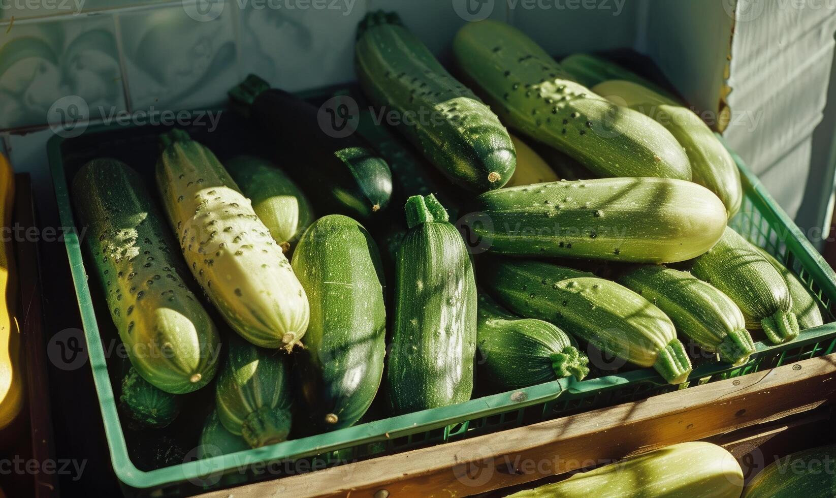 AI generated Green and yellow zucchini in a box on the counter in the store photo