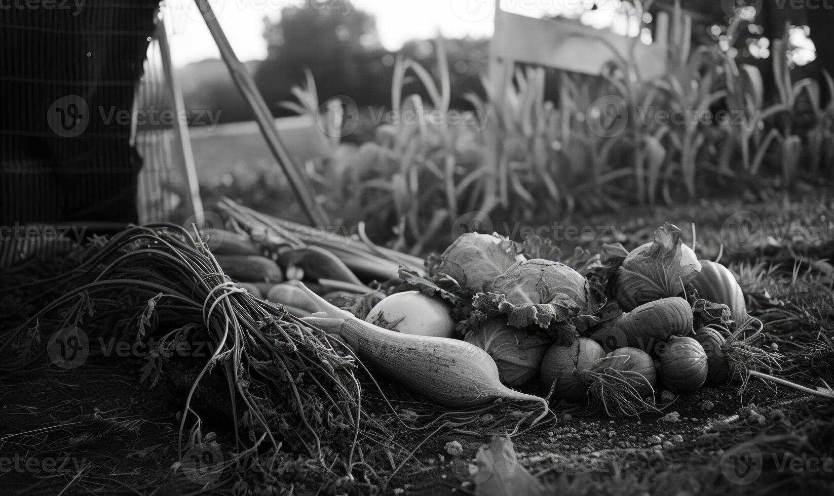 AI generated Harvesting vegetables. Black and white photo. Top view. photo