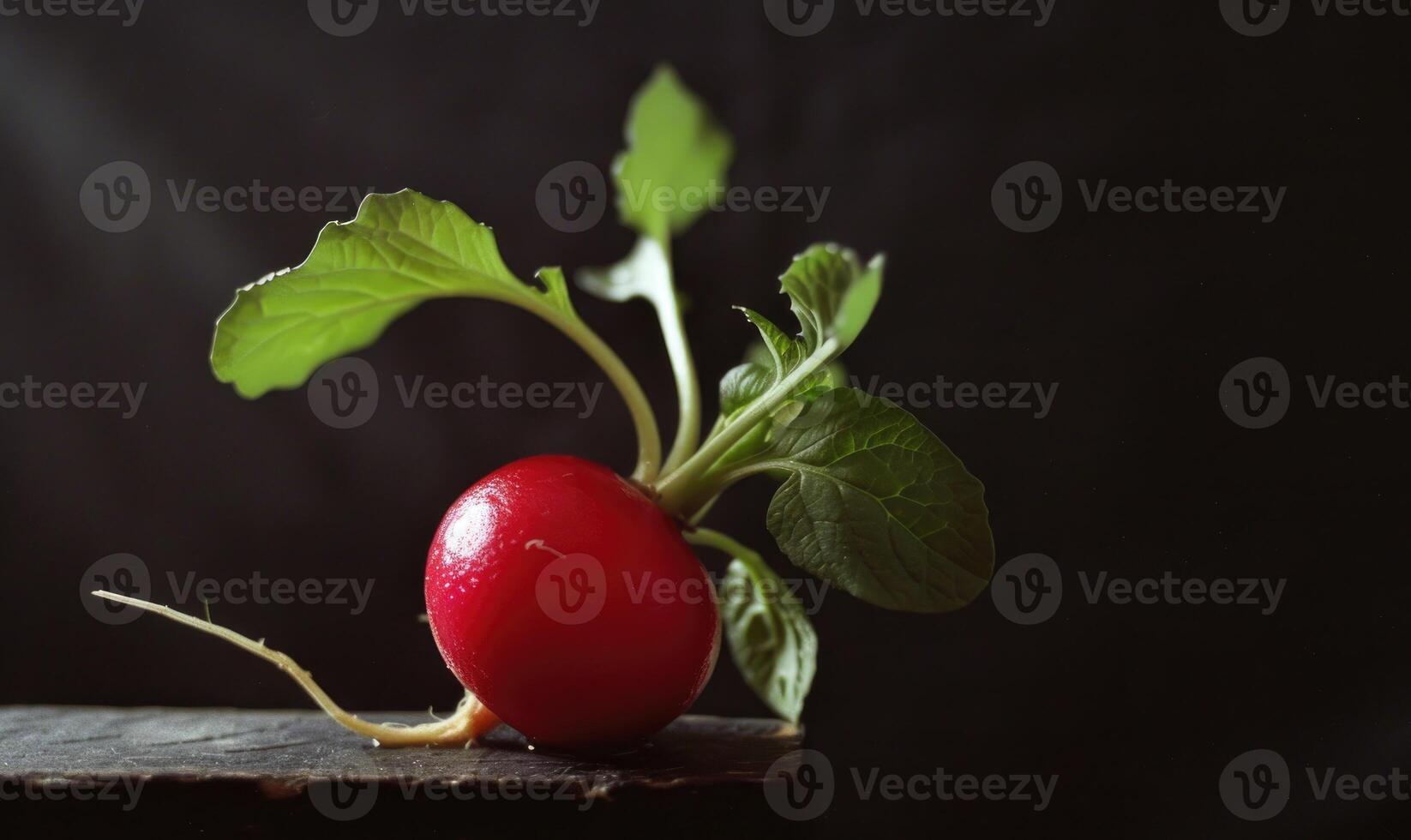 AI generated Red radish with green leaves on a wooden board on a dark background photo