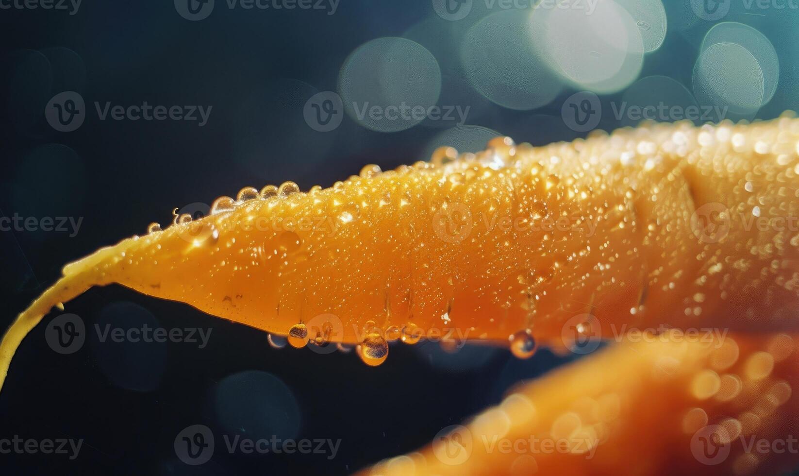 AI generated Macro shot of a fresh orange peel with water drops on it photo