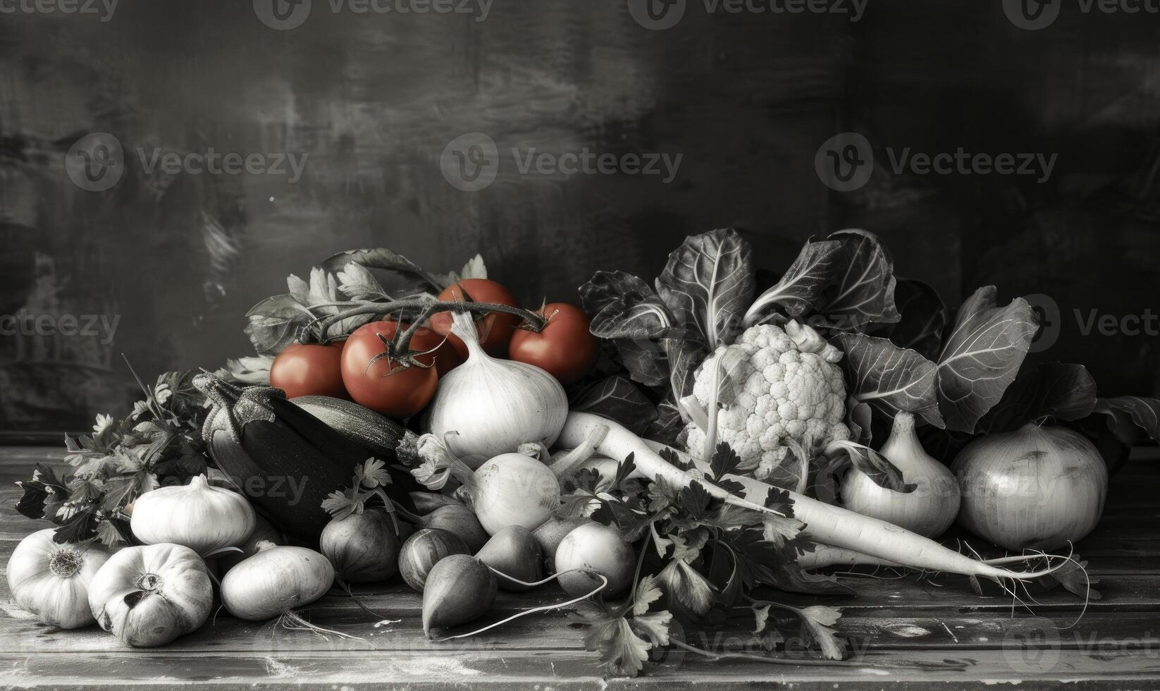 AI generated Composition with variety of raw vegetables. Black and white image. photo