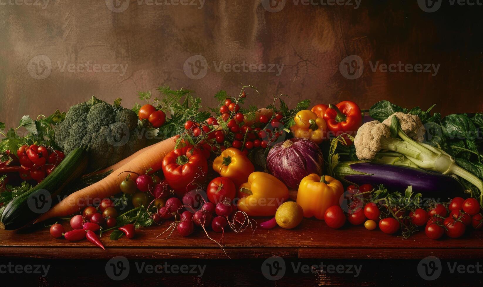 AI generated Composition with fresh vegetables on table in kitchen at night. Selective focus photo