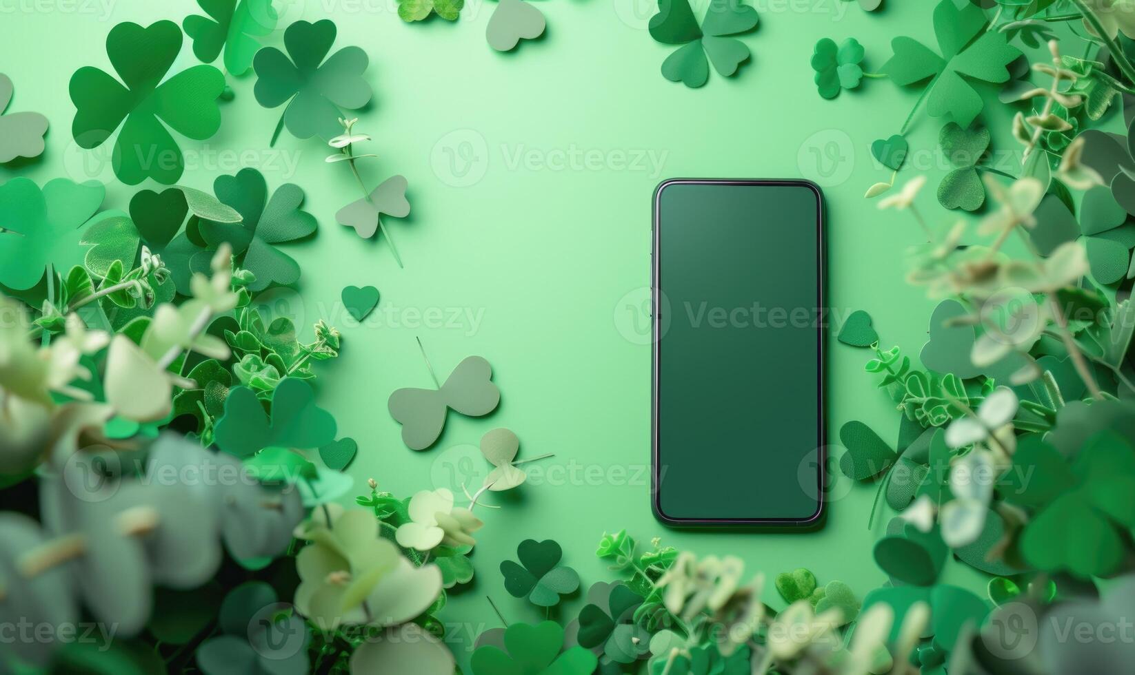 AI generated Smartphone mockup with green clover leaves on a green background photo