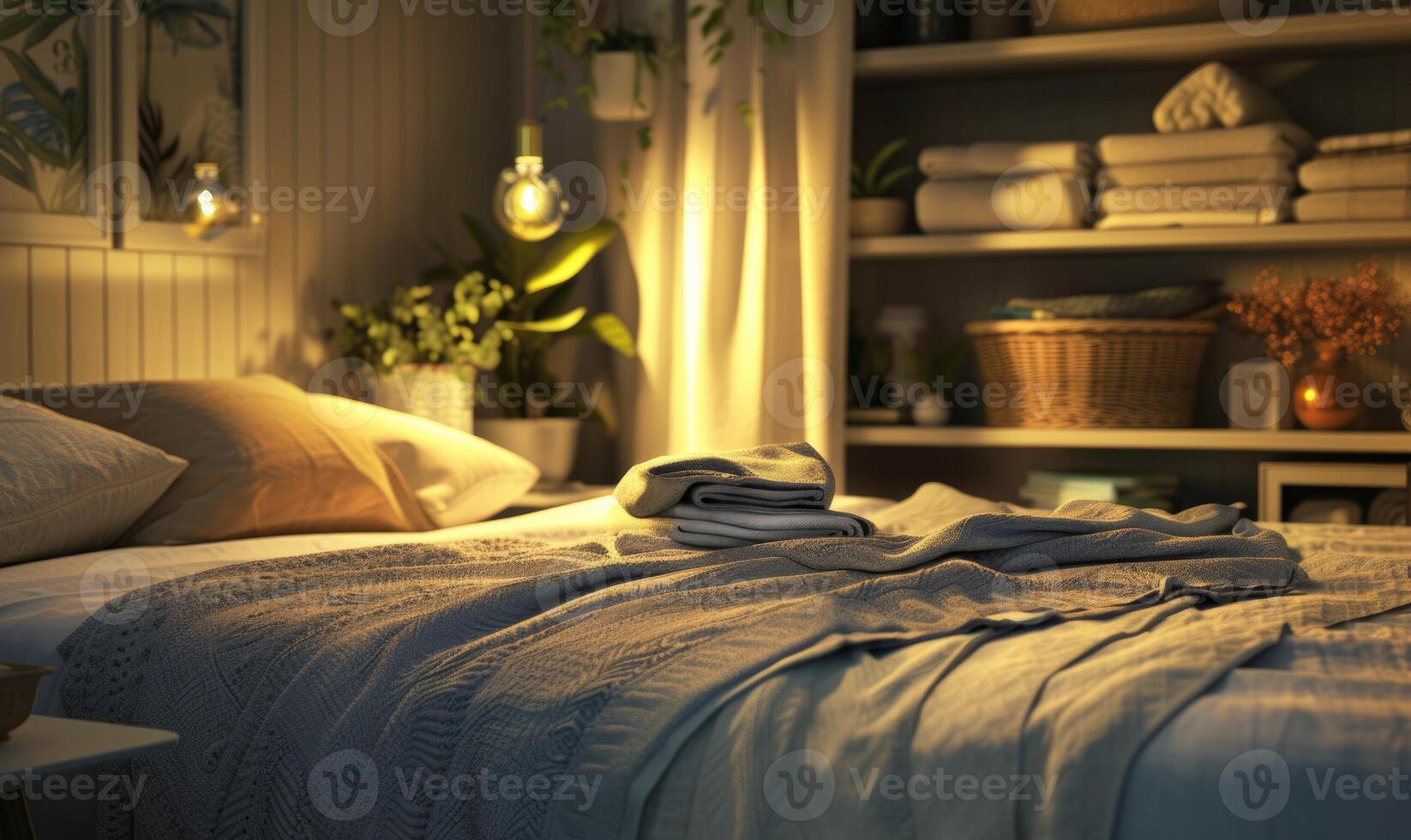 AI generated Pile of clean clothes on bed in bedroom at night, soft focus photo