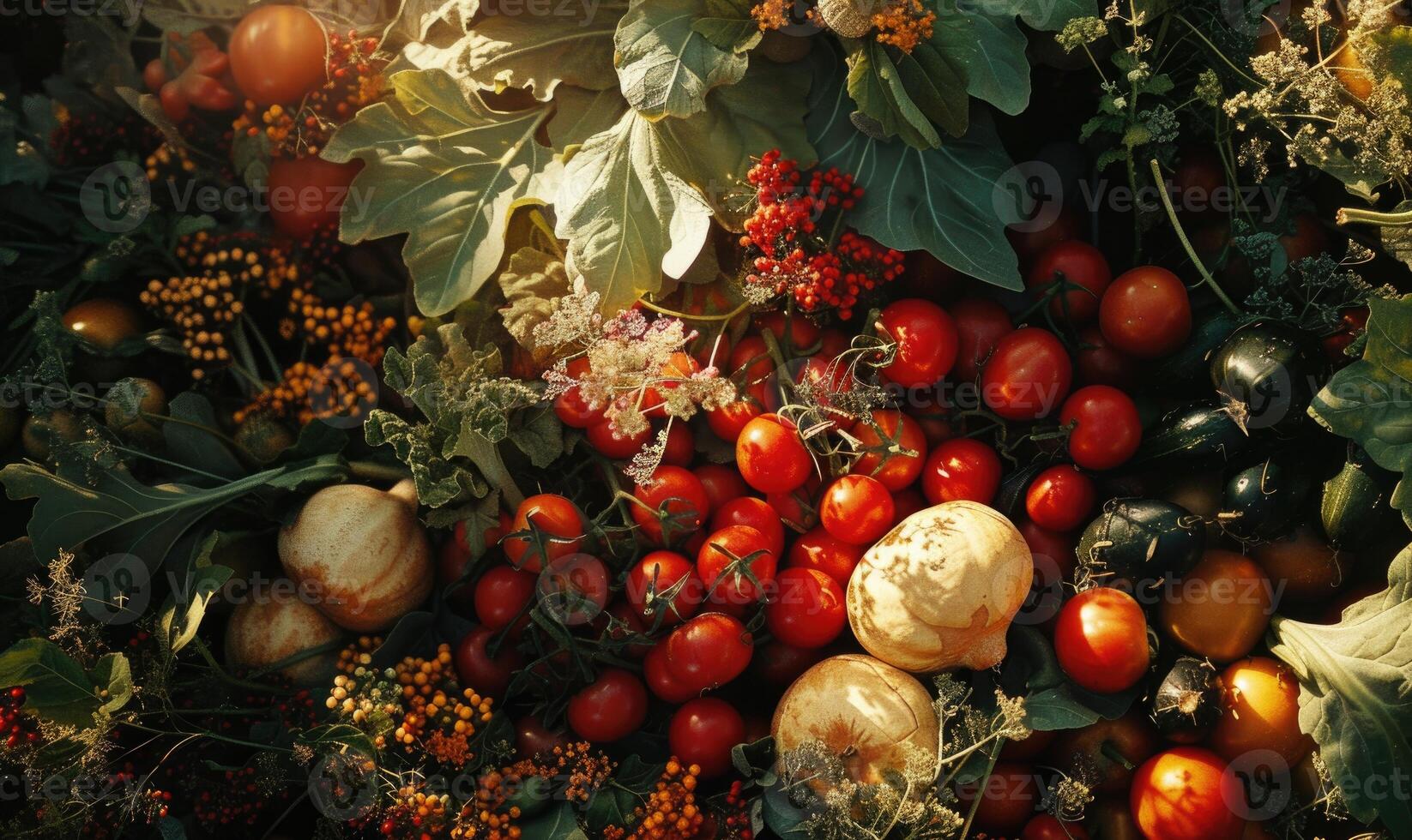 AI generated Harvest of fresh organic vegetables on the table. Selective focus. nature. Top view. photo