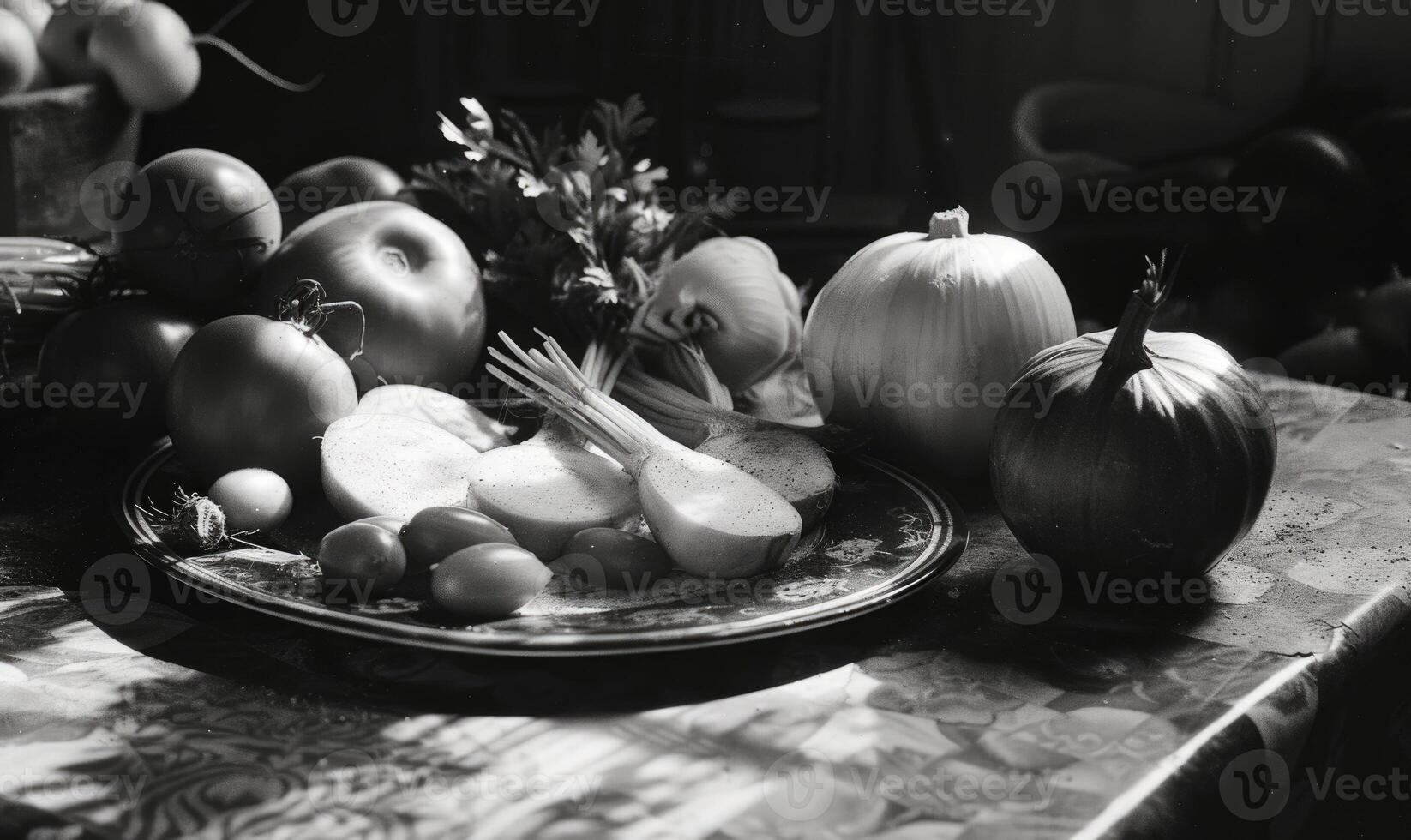 AI generated Still life with vegetables on a rustic background. Black and white. photo