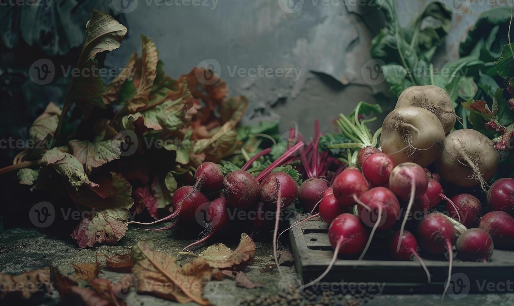 AI generated Fresh radishes and beets on a wooden table with autumn leaves photo