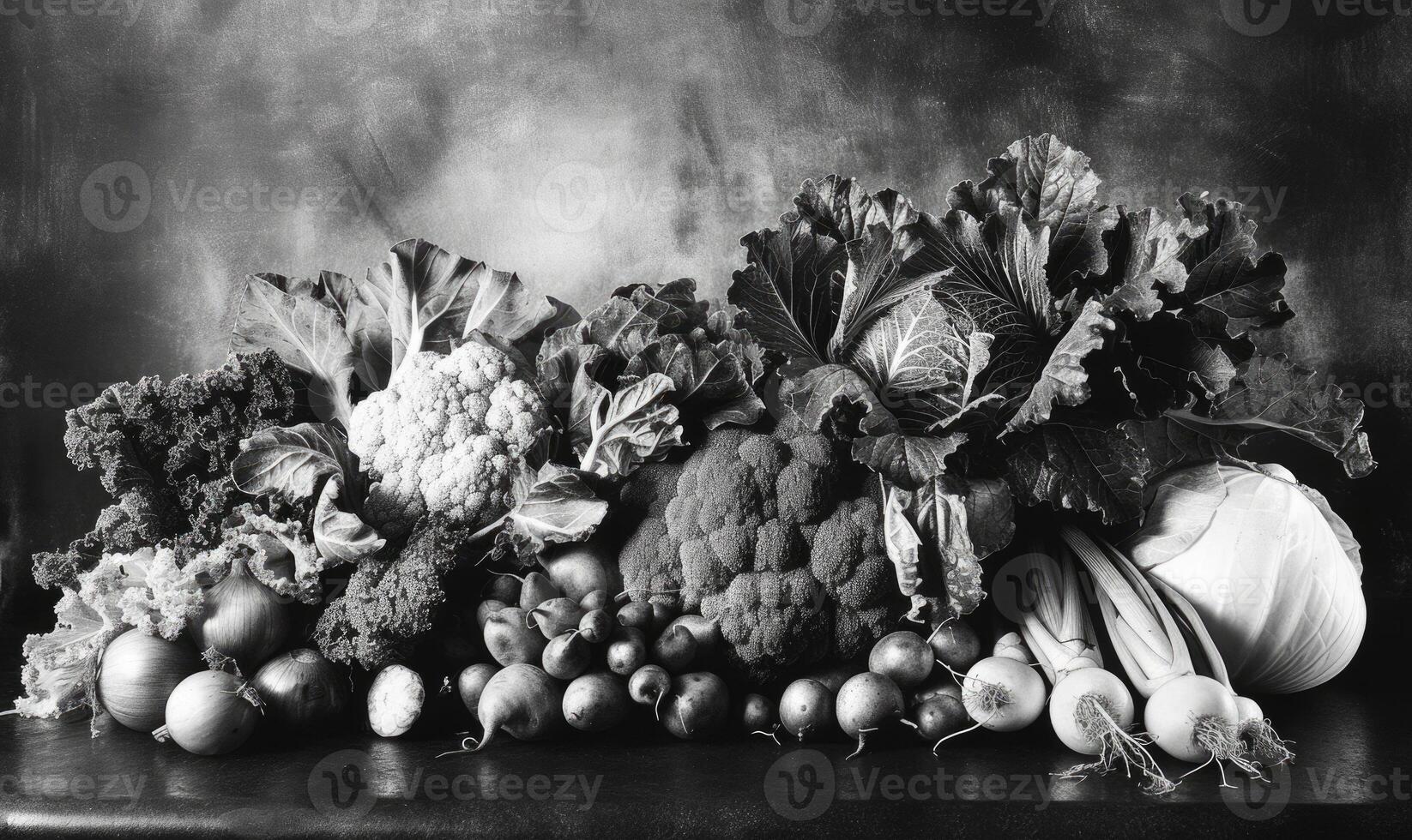 AI generated Still life with vegetables on a rustic background. Black and white. photo